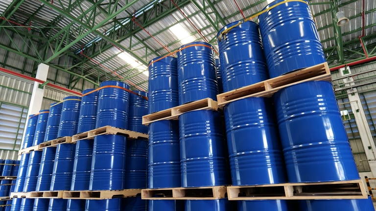 Blue 200-litre drums arranged on pallets in a warehouse, representing Kwality marine lubricant packing and storage
