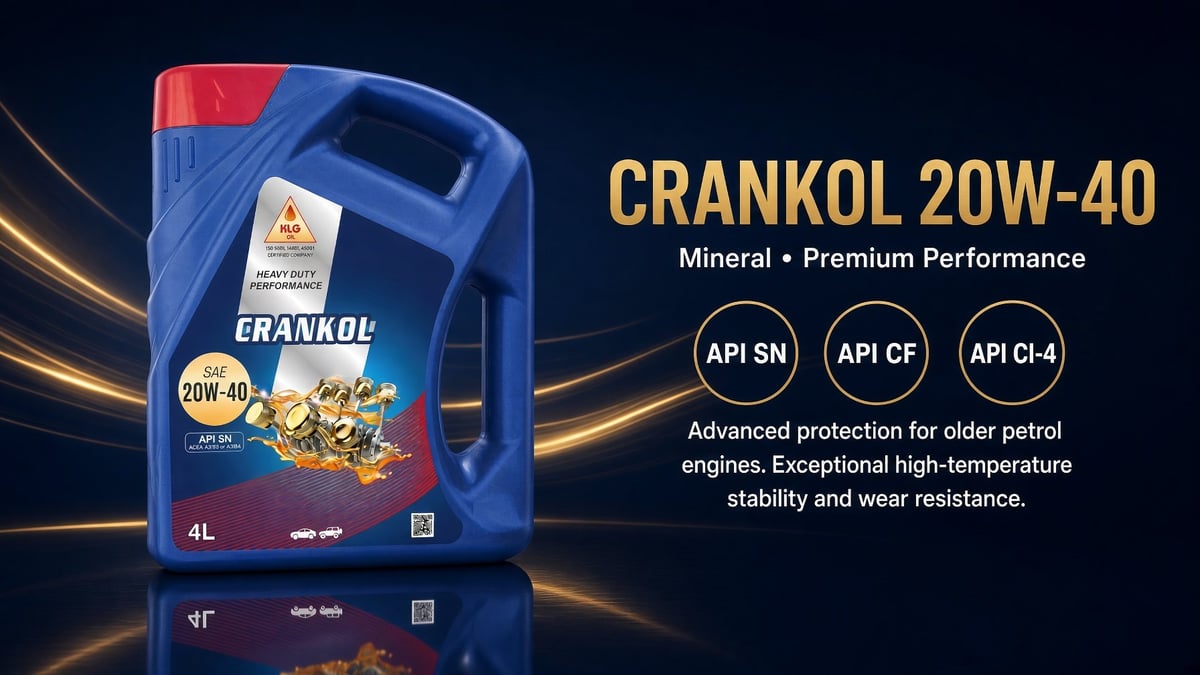 Crankol 20W-40 mineral engine oil bottle with 4L and 1L sizes on dark blue background with golden text and specifications