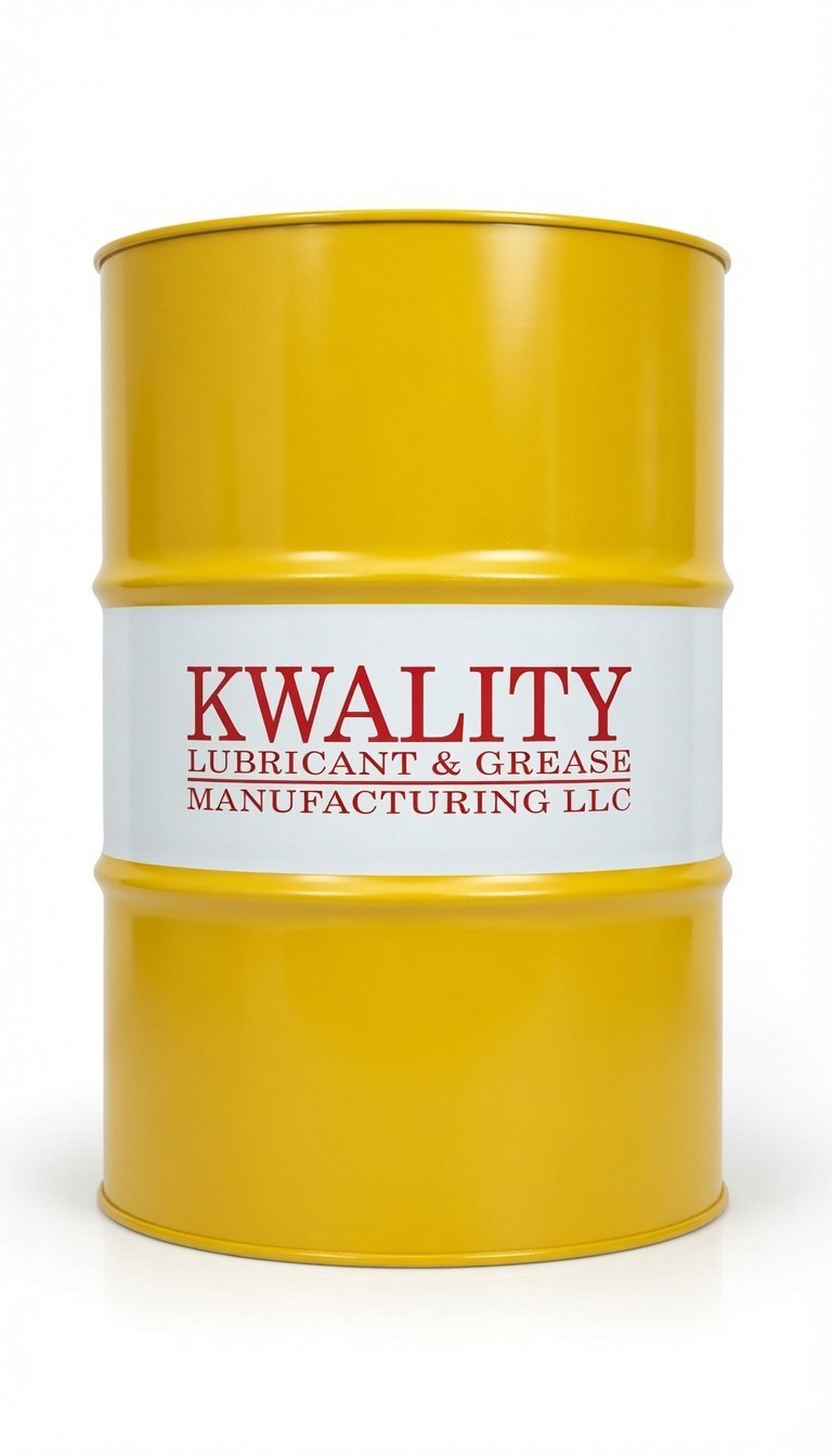 Yellow drum barrel labeled Kwality Lubricant and Grease Manufacturing LLC