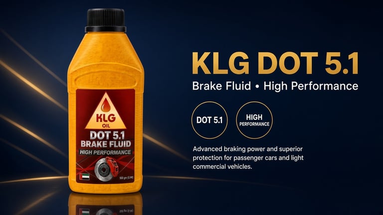 KLG DOT 5.1 brake fluid bottle with packaging design on dark blue background with text showing high performance specifications