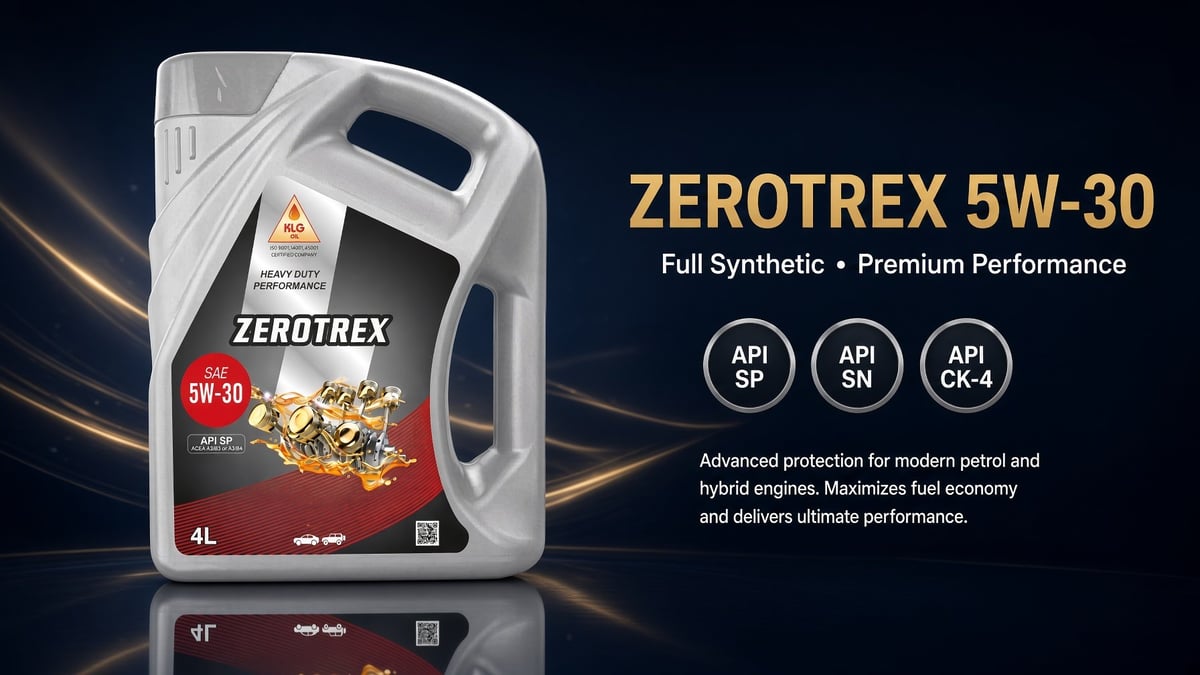 Zerotrex 5W-30 full synthetic motor oil bottle with 4L capacity, API certifications, and product specifications displayed