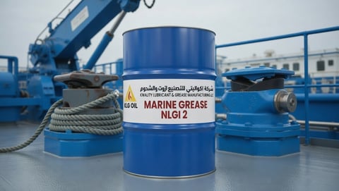 Blue barrel of marine grease NLGI 2 on industrial dock with shipping containers and equipment in background
