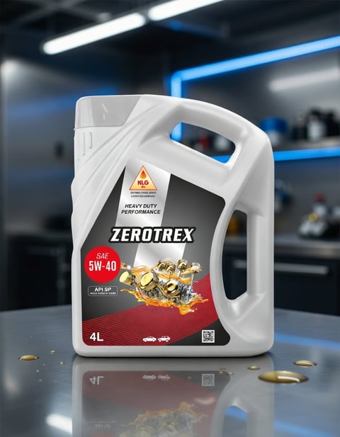 Zertrex 5W-40 motor oil container, 4L, displayed on reflective surface in modern garage setting