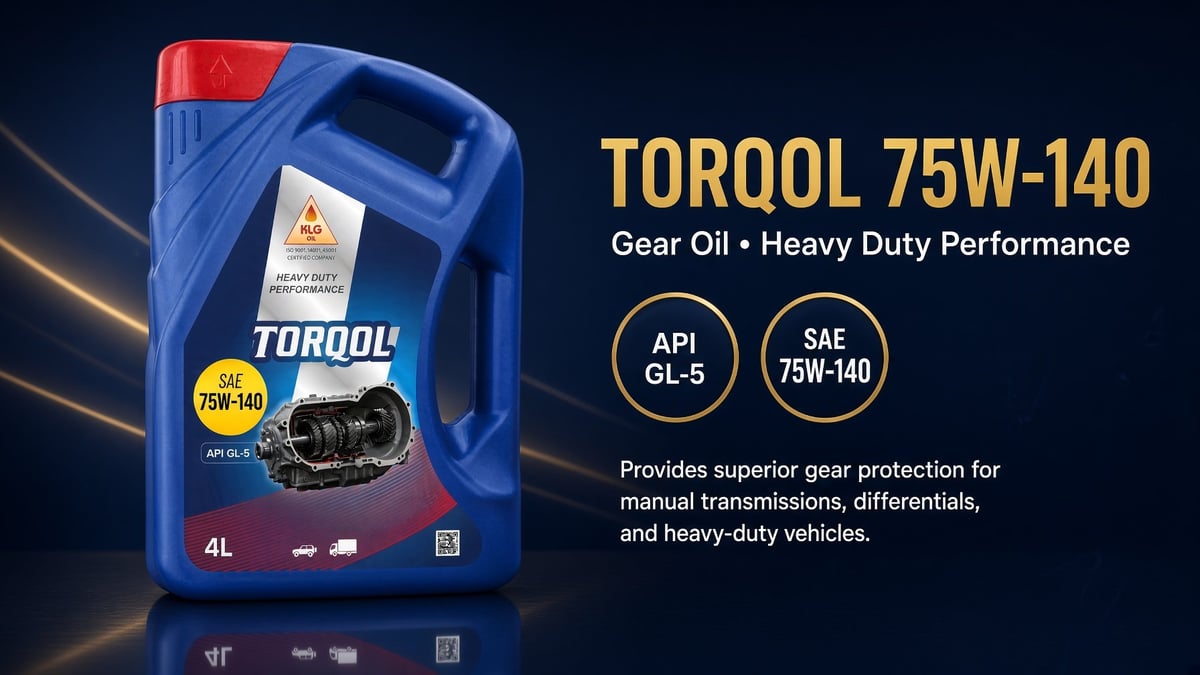 TORQOL 75W-140 gear oil bottle displayed against dark background with product specifications and benefits information