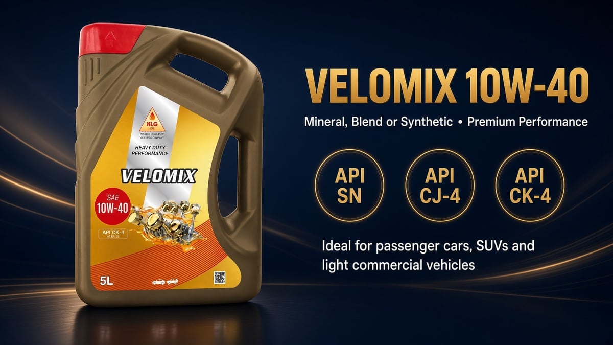 Velomix 10W-40 motor oil bottle with product specifications and API certifications on dark background