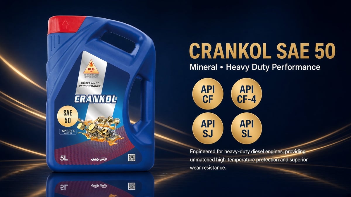 Crankol SAE 50 mineral oil bottle displaying API performance ratings and heavy-duty diesel engine specifications