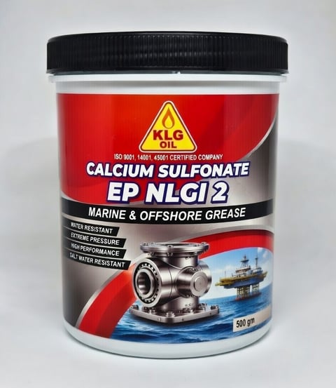 Container of Calcium Sulfonate EP NLGI 2 marine and offshore grease with black lid and red label showing oil drop symbol.