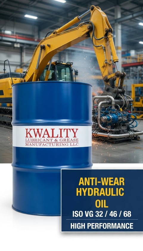 Blue barrel of Kwality anti-wear hydraulic oil displayed in front of yellow excavator in industrial warehouse
