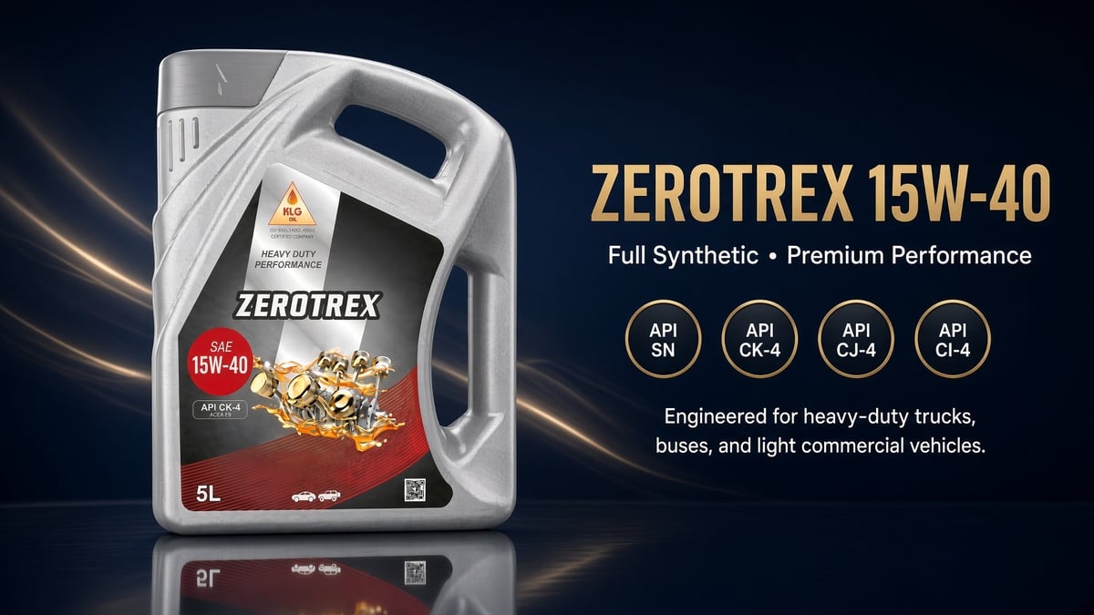 Zerotrex 15W-40 synthetic motor oil jug with API certification badges and product specifications on dark background