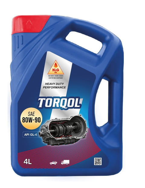Blue TORQOL 4L motor oil bottle with red cap, 80W-90 SAE, API GL-4 heavy duty performance rating for vehicles and trucks