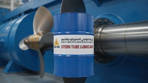 Blue barrel of stern tube lubricant positioned in front of a ship propeller and shaft assembly