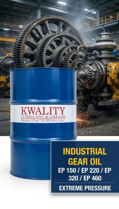 Blue drum of Kwality industrial gear oil displayed in factory setting with large industrial gears in background