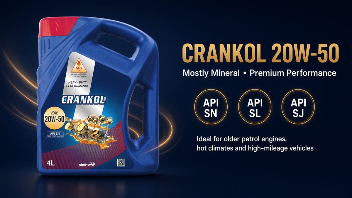 CRANKOL 20W-50 motor oil bottle with product specifications and performance ratings displayed on dark background