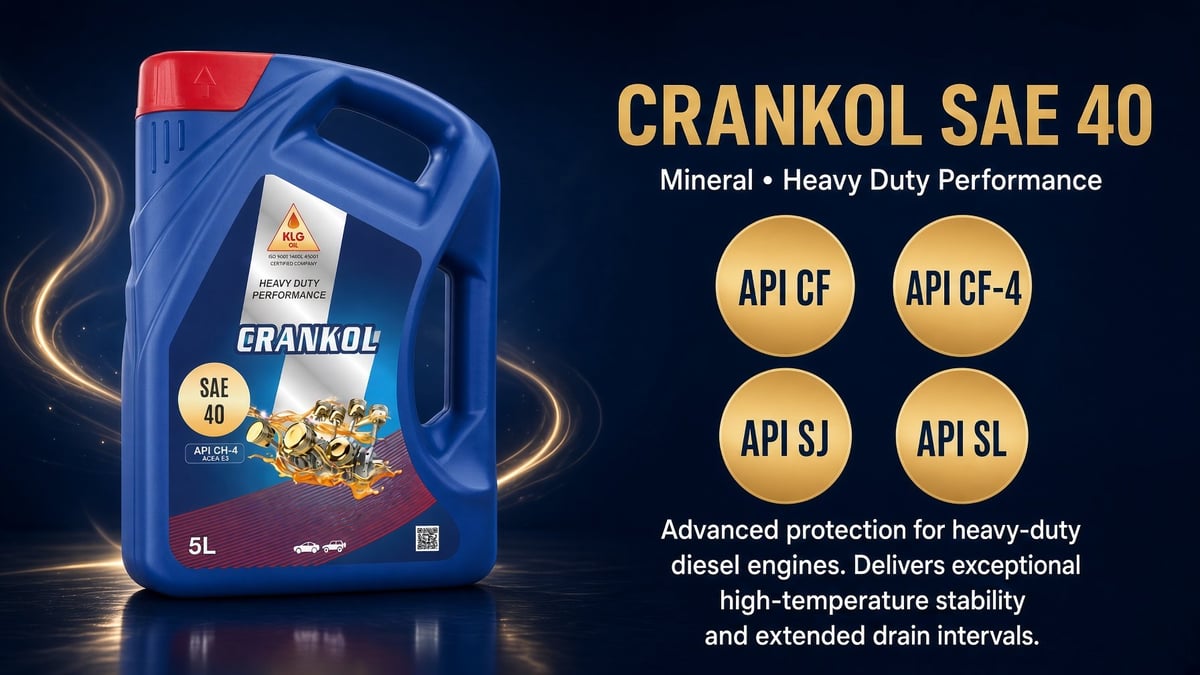 Blue 5-liter container of Crankol SAE 40 mineral oil with API certification badges and product specifications on dark background
