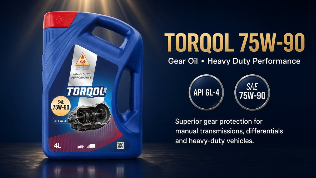 TORQOL 75W-90 gear oil bottle with product specifications and performance details displayed against dark background