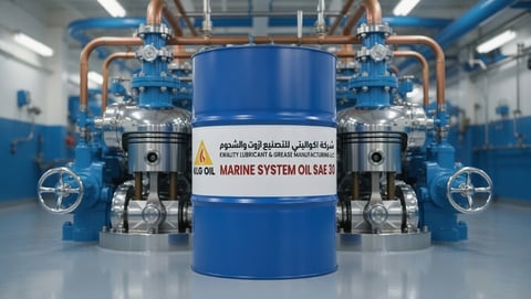 Blue barrel of marine system oil with industrial piping and equipment in a manufacturing facility