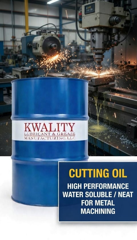 Blue barrel of Kwality cutting oil for metal machining with industrial machinery and spark spray in background