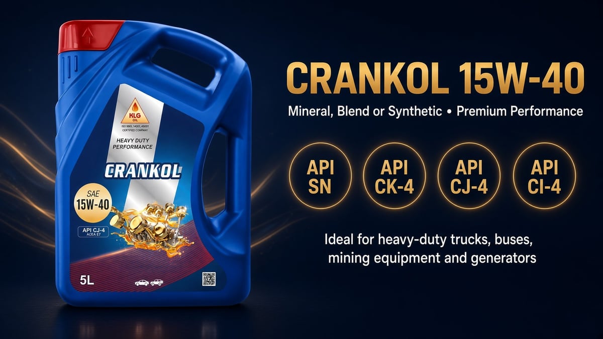 Blue CRANKOL 15W-40 engine oil container with API certifications for heavy-duty trucks and mining equipment