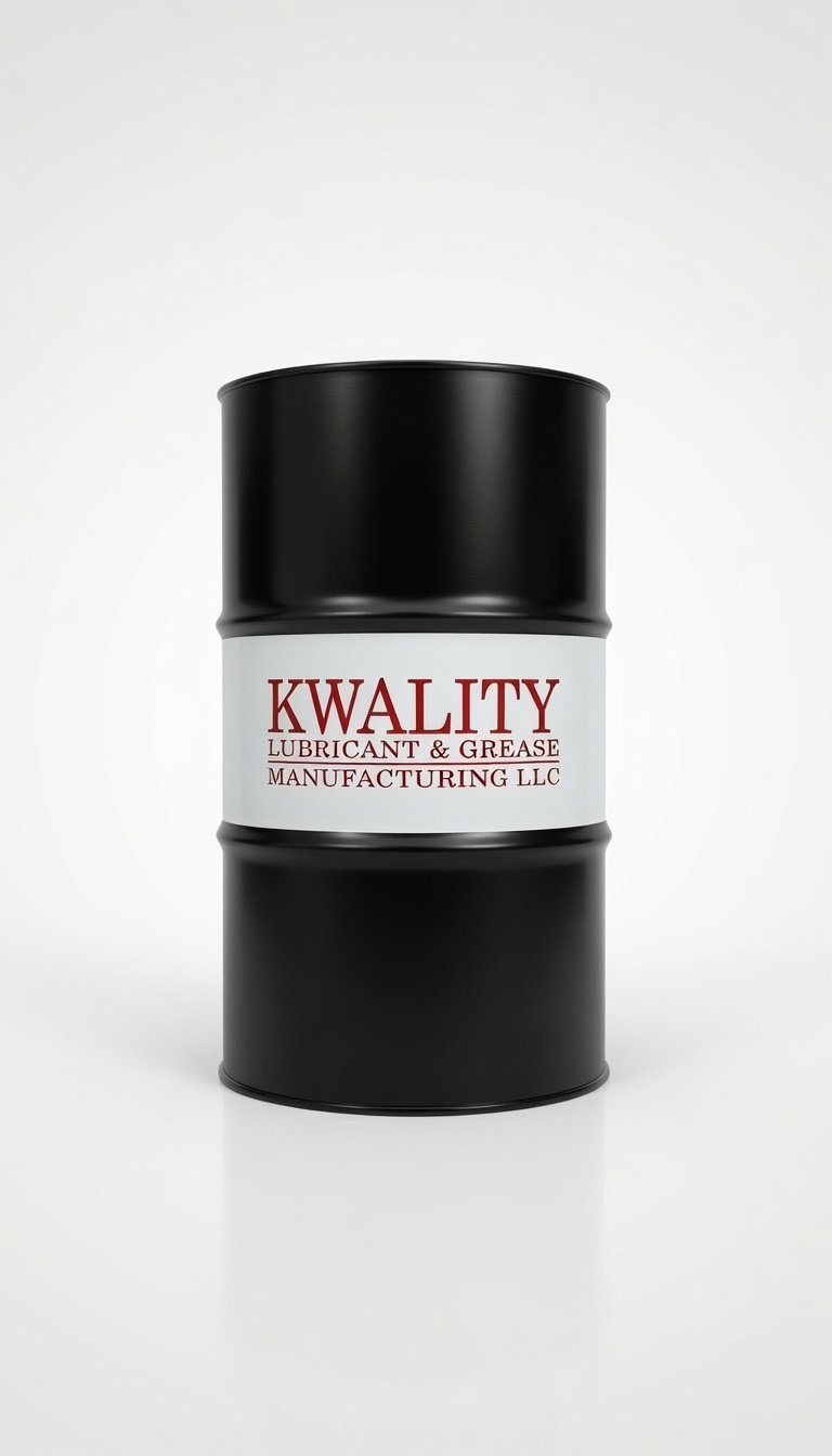 Black industrial barrel with Kwality Lubricant & Grease Manufacturing LLC label against white background