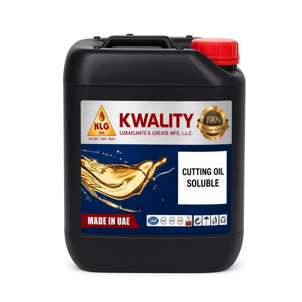 Black KWALITY brand cutting oil soluble container with red cap and product label, made in UAE