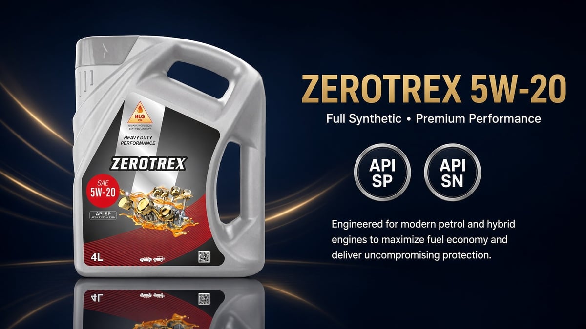 ZEROTREX 5W-20 full synthetic motor oil bottle with premium performance ratings and specifications displayed
