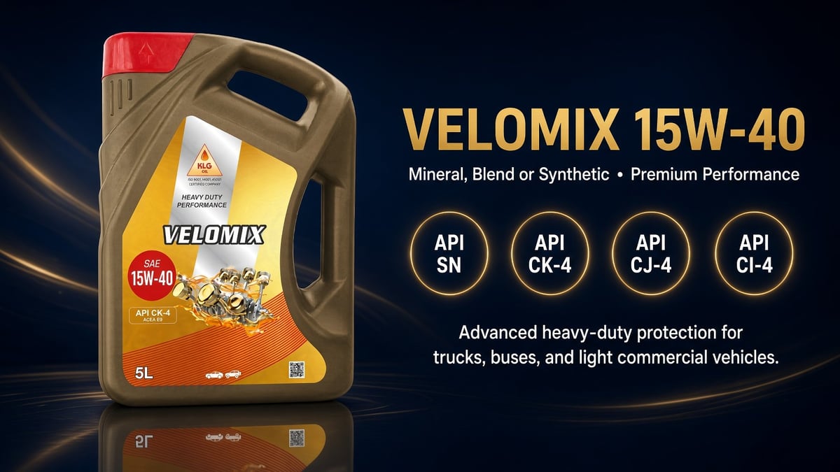 Velomix 15W-40 motor oil bottle with API certifications and product specifications for heavy-duty vehicles