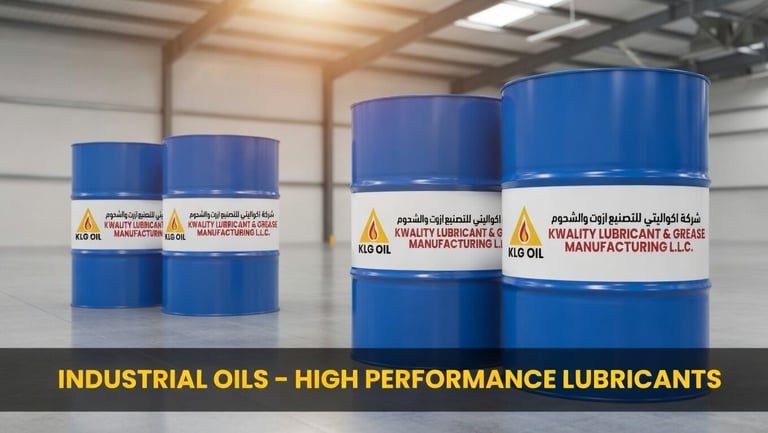 Blue industrial lubricant drums and containers labeled with quality assurance markings and manufacturer details for high performance oils.