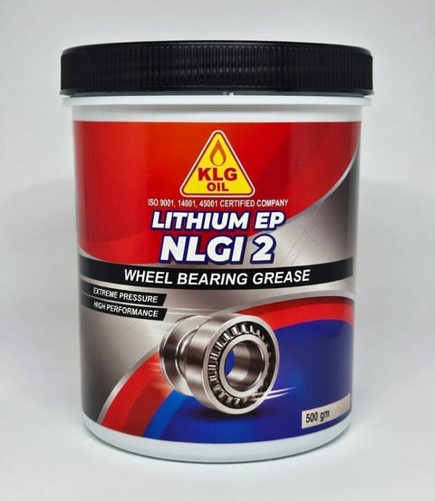 Container of Lithium EP NLGI2 wheel bearing grease with red and blue label and black screw cap