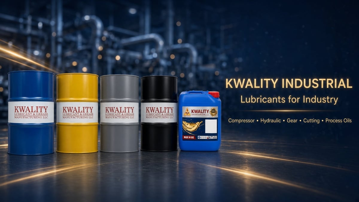 KWALITY Industrial lubricant products displayed with blue, yellow, gray, and black containers against a dark industrial background with bokeh lights