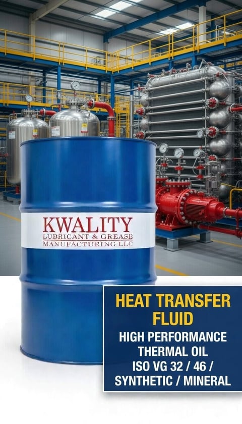 Blue barrel of Kwality heat transfer fluid in an industrial manufacturing facility with large heat exchanger equipment