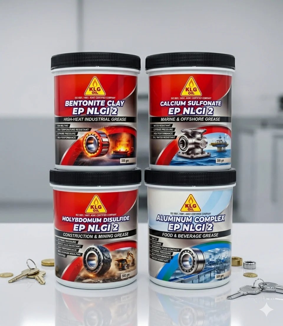Four containers of industrial grease products arranged in a 2x2 grid with metal keys displayed in front on white surface
