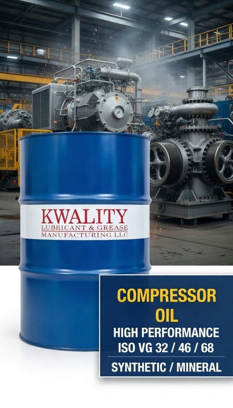 Blue barrel of Kwality compressor oil in industrial factory setting with large machinery and equipment in background