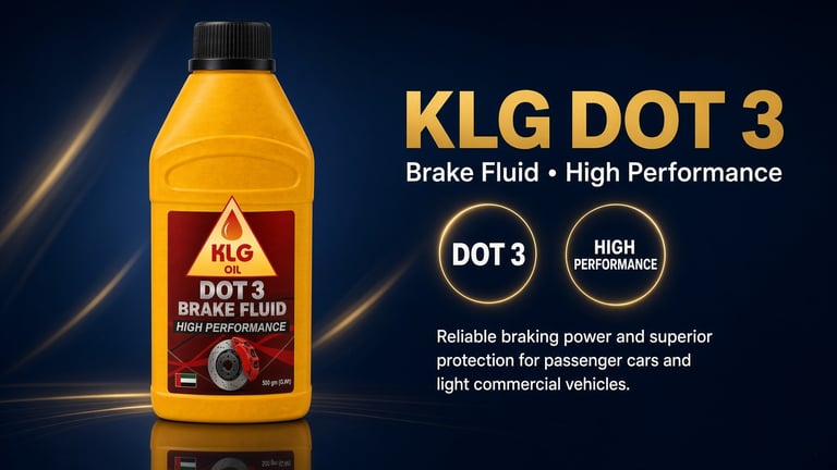 KLG DOT 3 brake fluid bottle on dark blue background with product information and performance badges