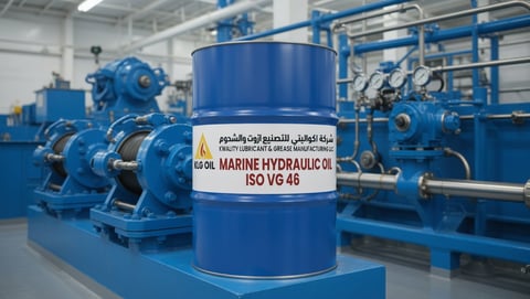Blue barrel of marine hydraulic oil ISO VG 46 in an industrial factory with blue machinery in the background