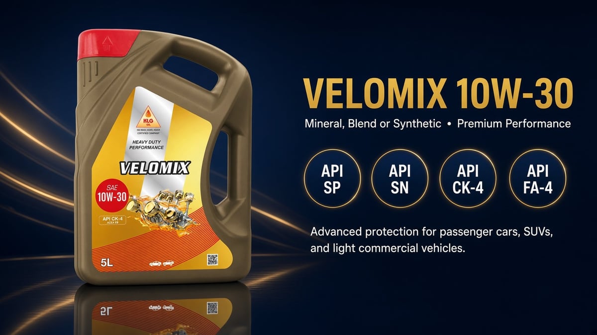 Velomix 10W-30 motor oil bottle with product specifications and certification badges displayed on dark background