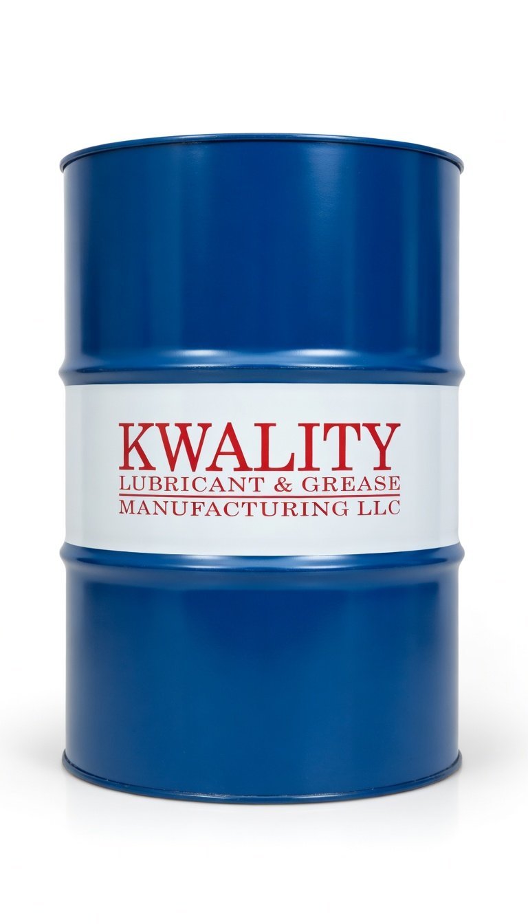 Blue industrial barrel drum with white label reading KWALITY Lubricant and Grease Manufacturing LLC