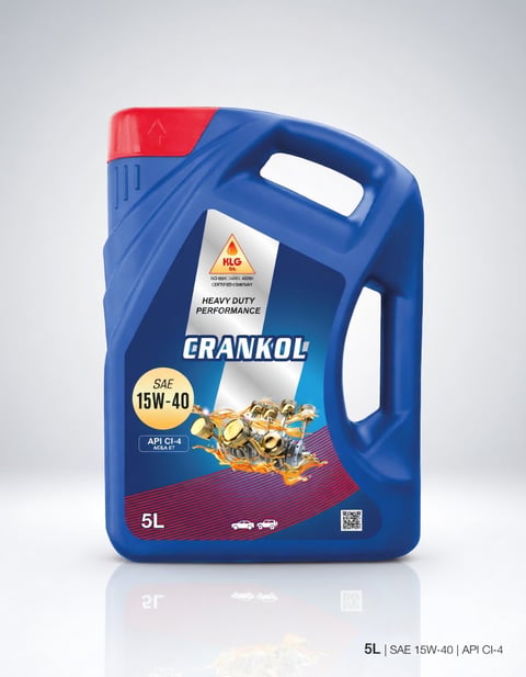 Blue 5L bottle of Crankol SAE 15W-40 heavy duty motor oil with red cap on white background