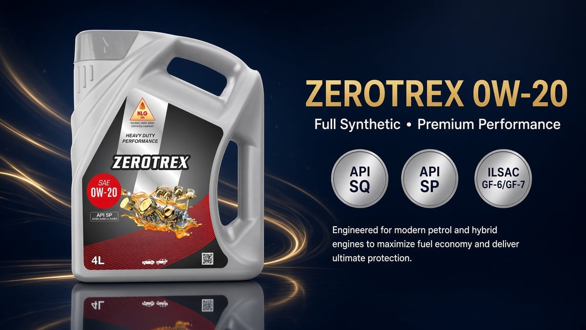 Zerotrex 0W-20 full synthetic motor oil 4L container with API SQ and ILSAC GF-6a ratings on dark background
