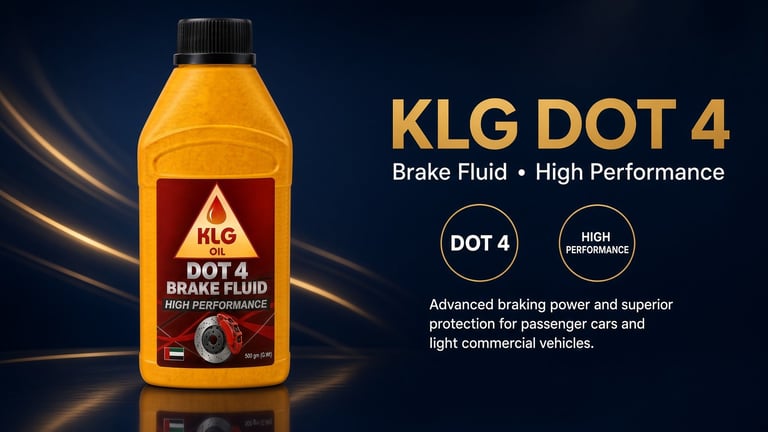 KLG DOT 4 brake fluid bottle with specifications for high performance braking on dark blue background