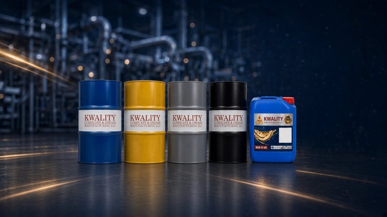 Kwality branded industrial lubricant containers in blue, yellow, grey and black with product box for the MINREX industrial oil range