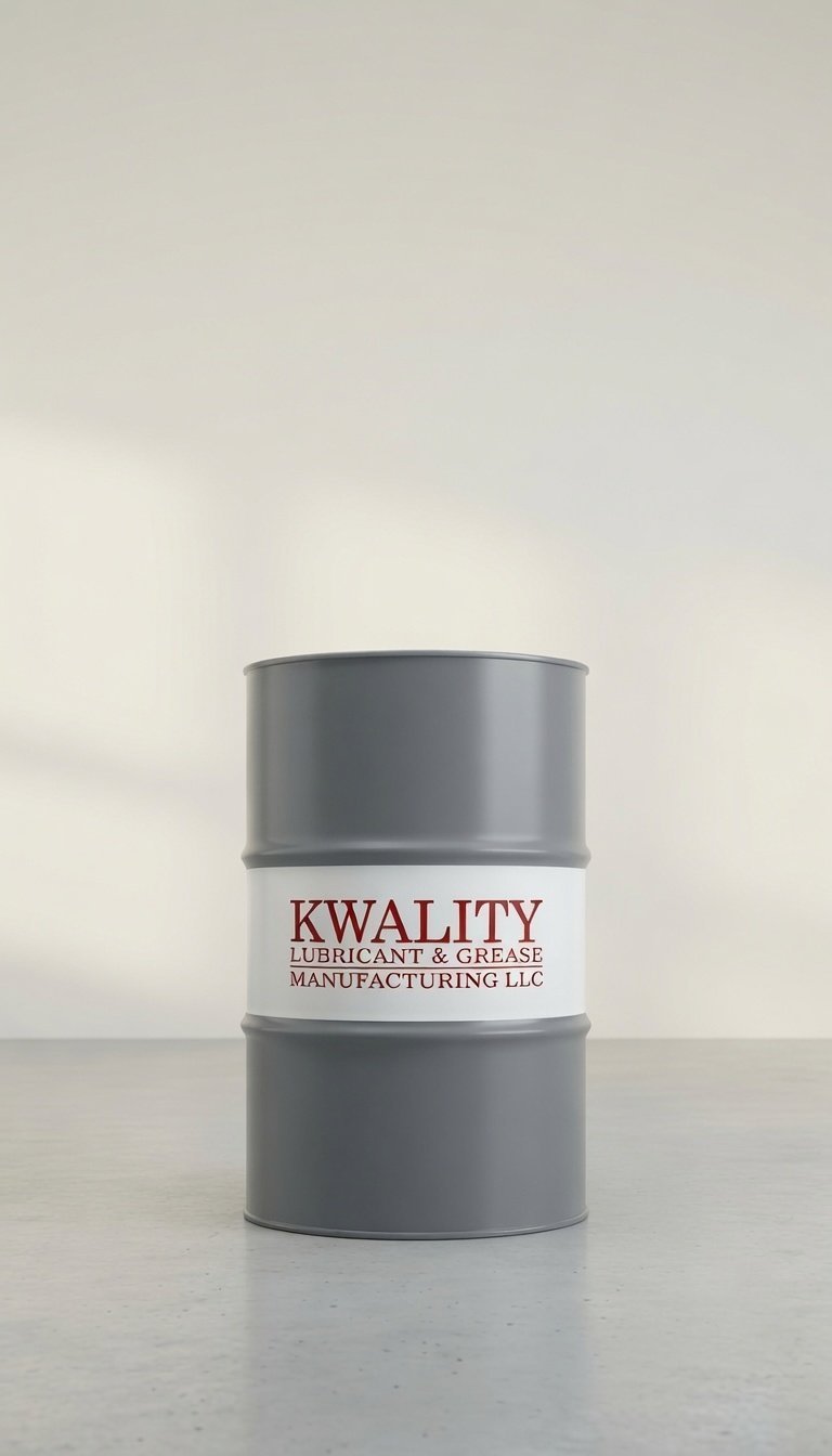Gray industrial barrel with white label reading Kwality Lubricant and Grease Manufacturing LLC