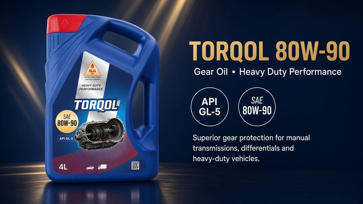 Blue 4L bottle of Torqool 80W-90 heavy duty gear oil with product specifications and performance details displayed on dark background