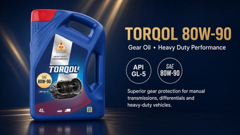 Blue 4L bottle of Torqool 80W-90 heavy duty gear oil with product specifications and performance details displayed on dark background