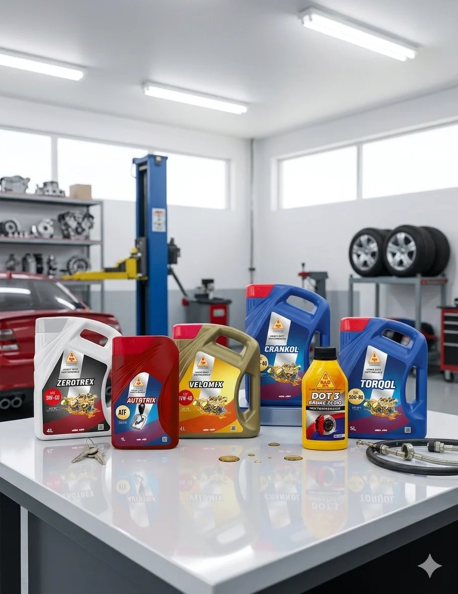 Various automotive fluid bottles and cans displayed on a table in a bright auto repair shop workspace