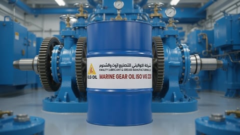 Blue barrel of marine gear oil labeled ISO 150 VG22 displayed in an industrial warehouse with machinery
