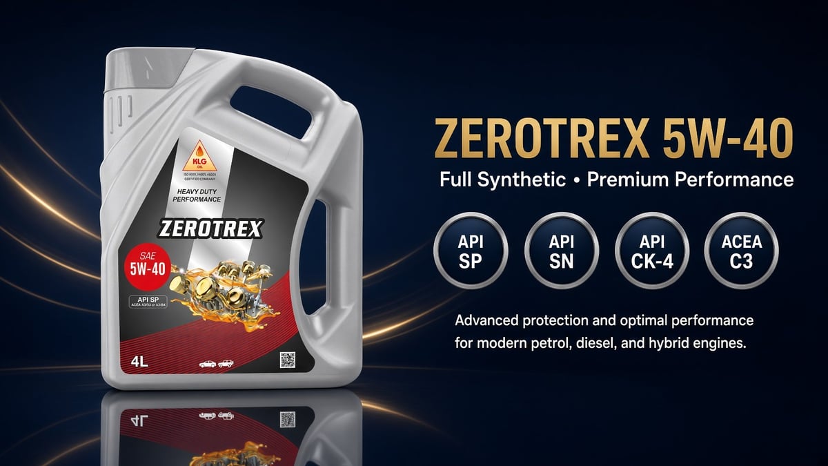 ZEROTREX 5W-40 full synthetic engine oil bottle with 4L capacity, showing API certification badges and product specifications on dark background