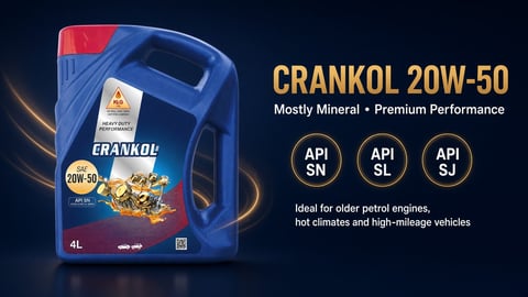 Crankol 20W-50 mineral motor oil bottle with product details and specifications displayed on dark background