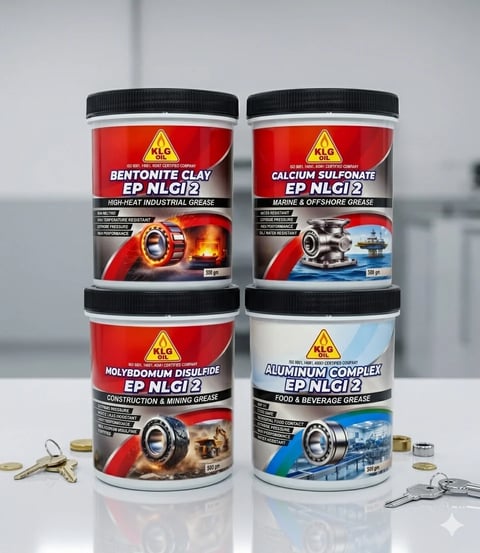 Four containers of industrial grease products displayed with metal hardware scattered in front on a white surface
