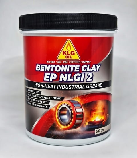 Container of KLG Bentonite Clay EP NLGI2 high-heat industrial grease with black lid and red label featuring flame imagery