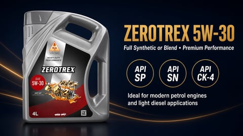 Zerotrex 5W-30 synthetic motor oil 4L bottle with API SP, SN, and CK-4 certifications displayed on dark background